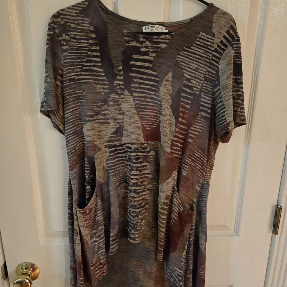 Kathmandu Multicolor Short Sleeve Tunic - Brown, Gray, Tan